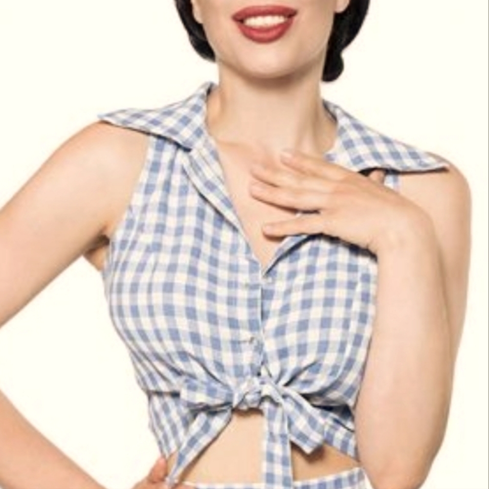 NEW Belsira Retro Cropped Checkered Gingham Blue Sleeveless Knot Tie XS